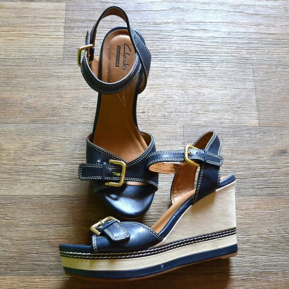 Clarks Navy Cream Nautical Wedge Sandal Women Size 7